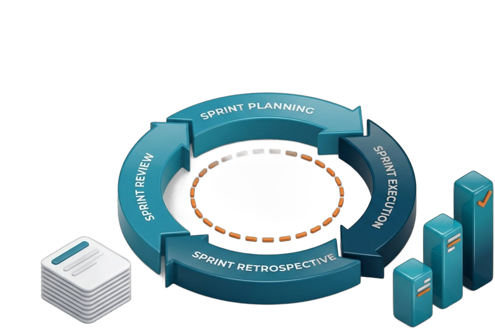 Scrum: cykl sprintu z planowaniem, realizacją, przeglądem i retrospektywą